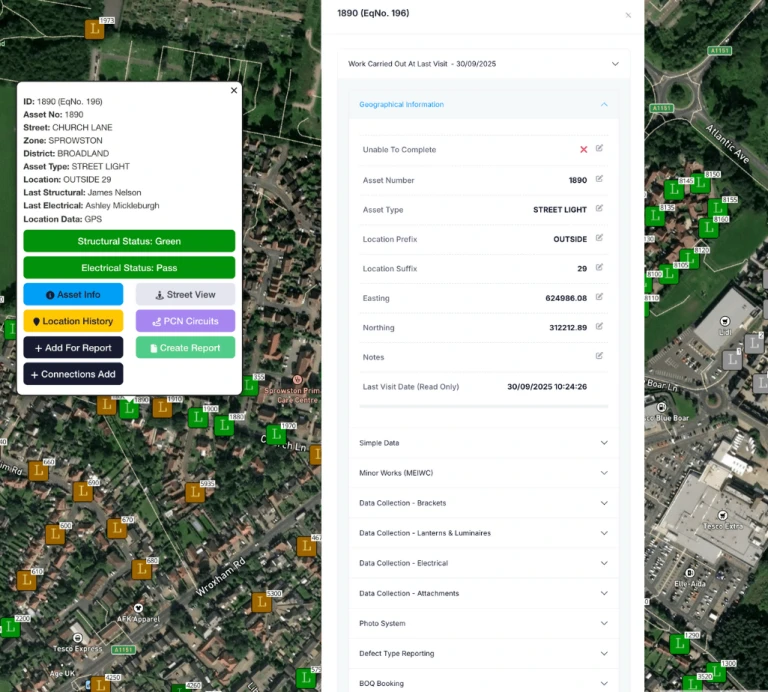 Asset detail window with test data, photo evidence and location